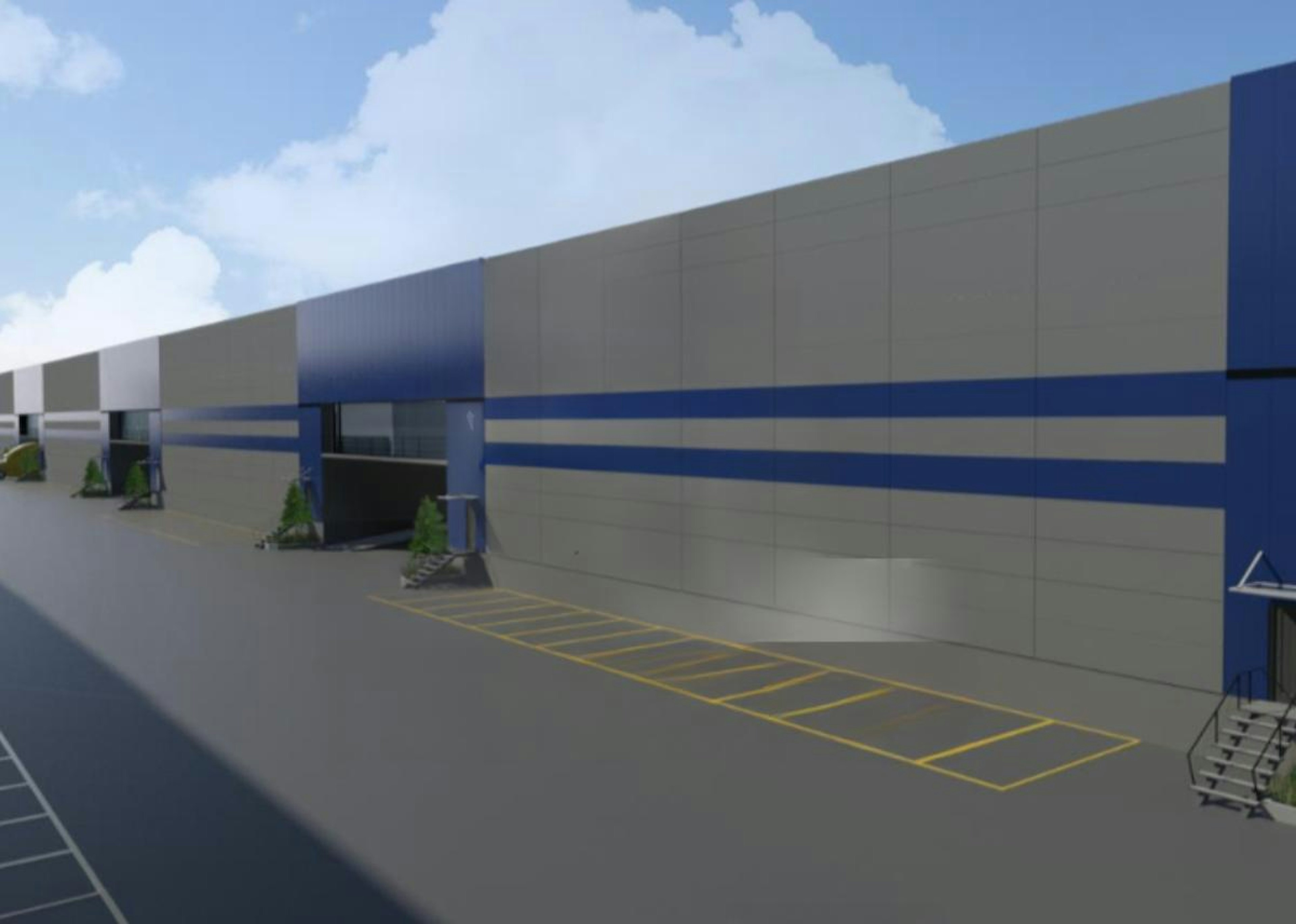 La imagen muestra un render de un edificio industrial moderno con fachada gris y azul. Se aprecia un amplio estacionamiento y una estructura de gran tamaño, ideal para operaciones logísticas. El logo de Strategic Industry Logistics sugiere que es un centro de distribución o almacenamiento. El diseño es funcional y contemporáneo, con líneas limpias y colores corporativos.
