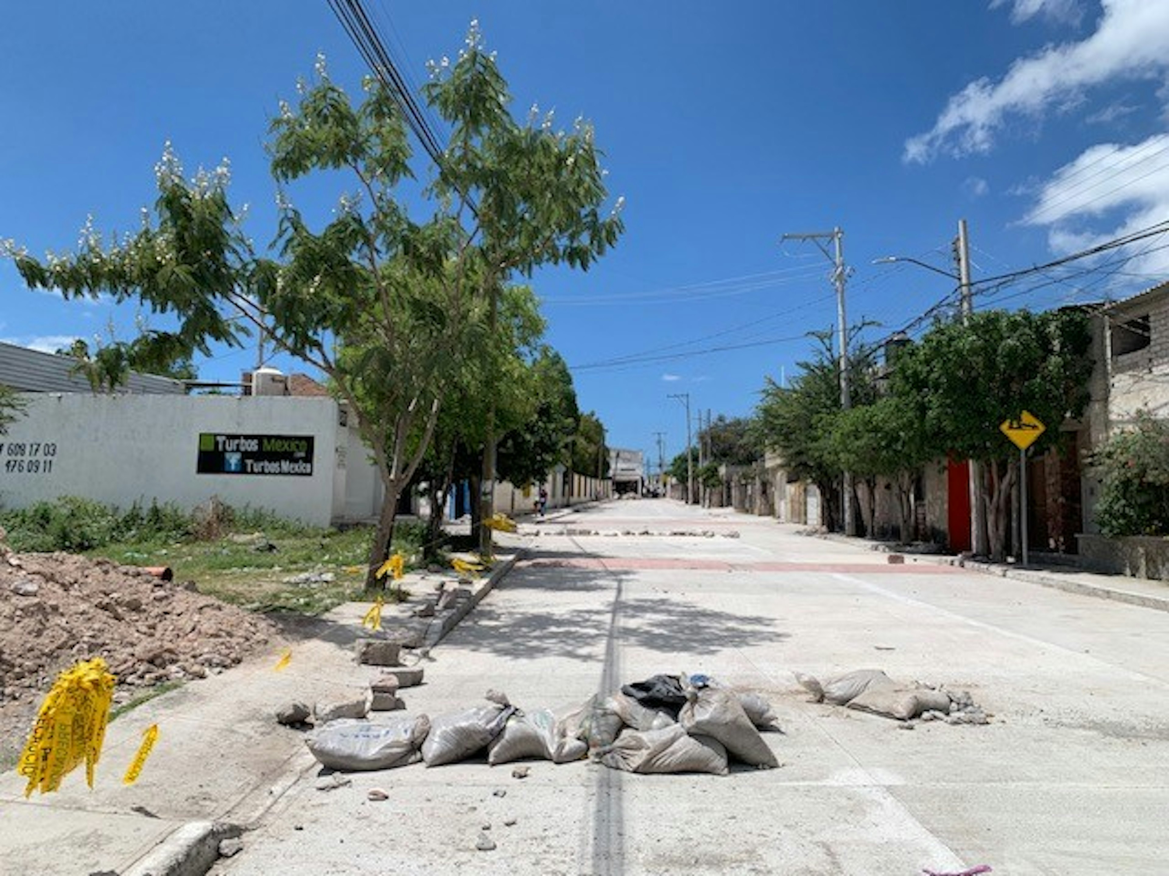 La imagen muestra una calle en construcción o renovación en una zona residencial. Se observa un camino de concreto recién pavimentado con sacos de material y escombros en el centro. A los lados hay árboles, postes de electricidad y casas modestas. El cielo es azul y despejado. La escena sugiere un proyecto de mejora de infraestructura urbana en un barrio de clase media-baja.