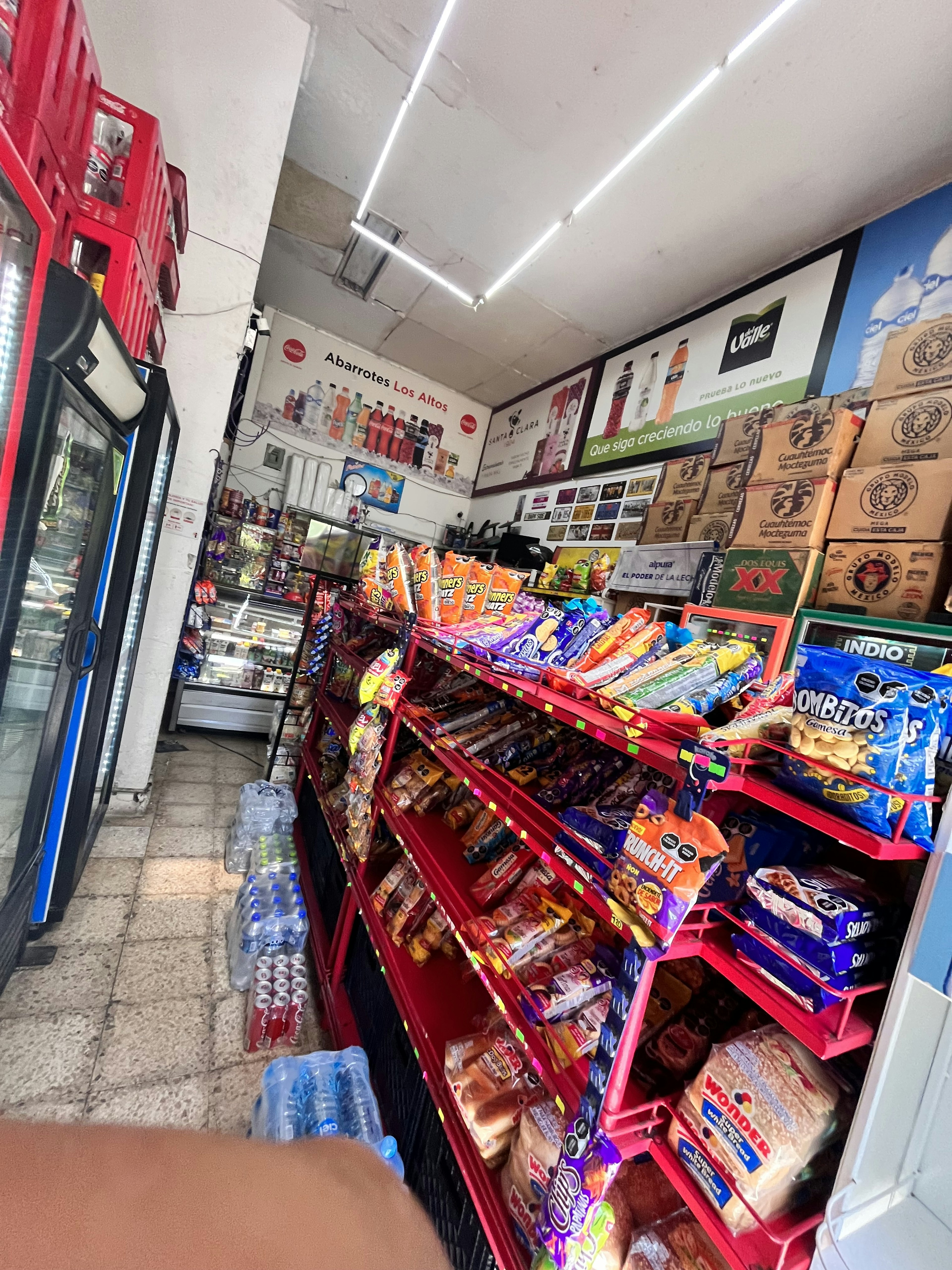 Interior de una tienda de abarrotes con estantes llenos de productos variados, iluminación de tubos LED y publicidad de marcas en las paredes.