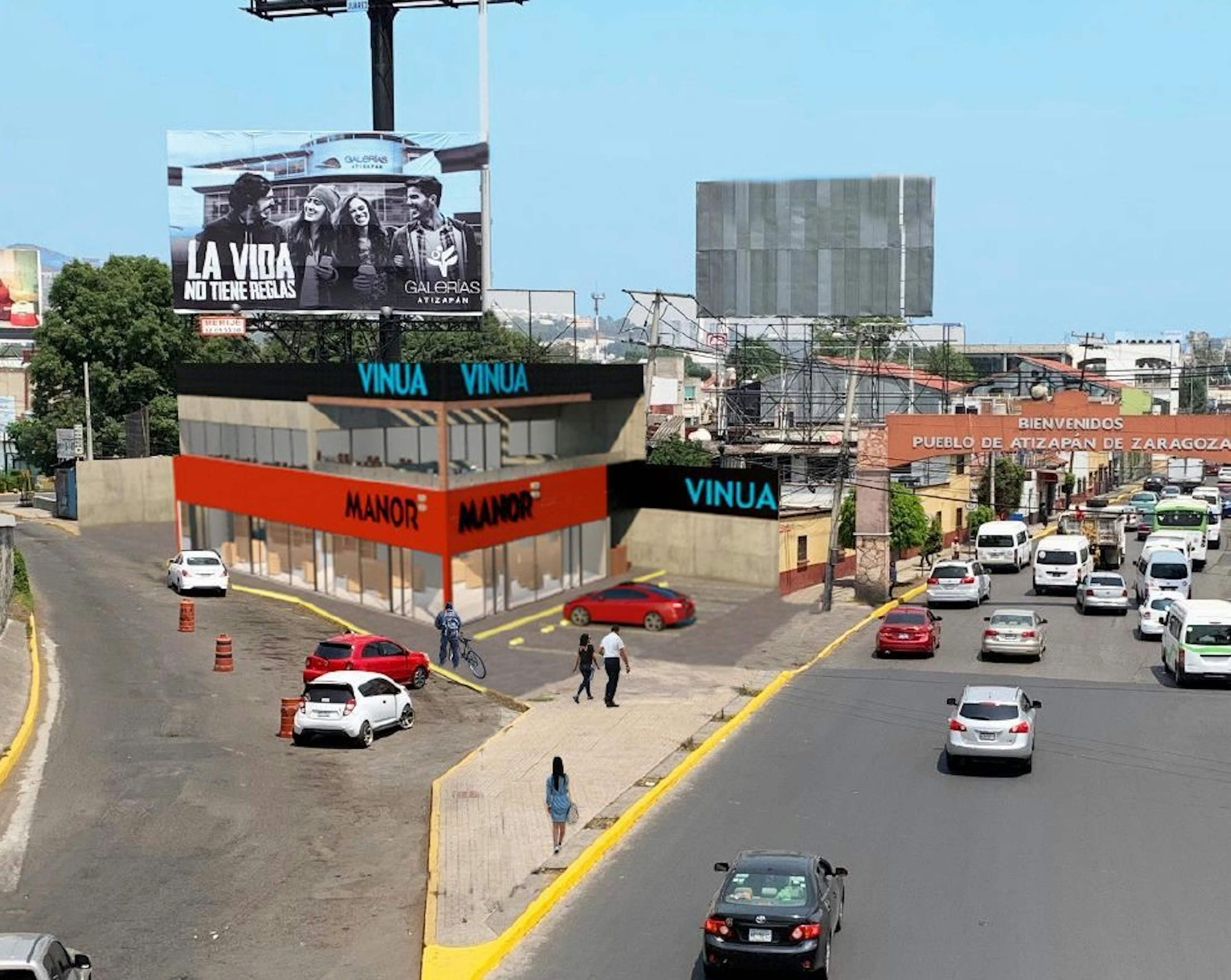 La imagen muestra una intersección urbana en Atizapán de Zaragoza, México. Se observa un edificio comercial en construcción con marcas de Vinua y Manor. Hay vallas publicitarias, tráfico vehicular y peatones. El área parece estar en desarrollo, con una mezcla de edificios nuevos y antiguos. La escena refleja una zona comercial en crecimiento con potencial para inversiones inmobiliarias.