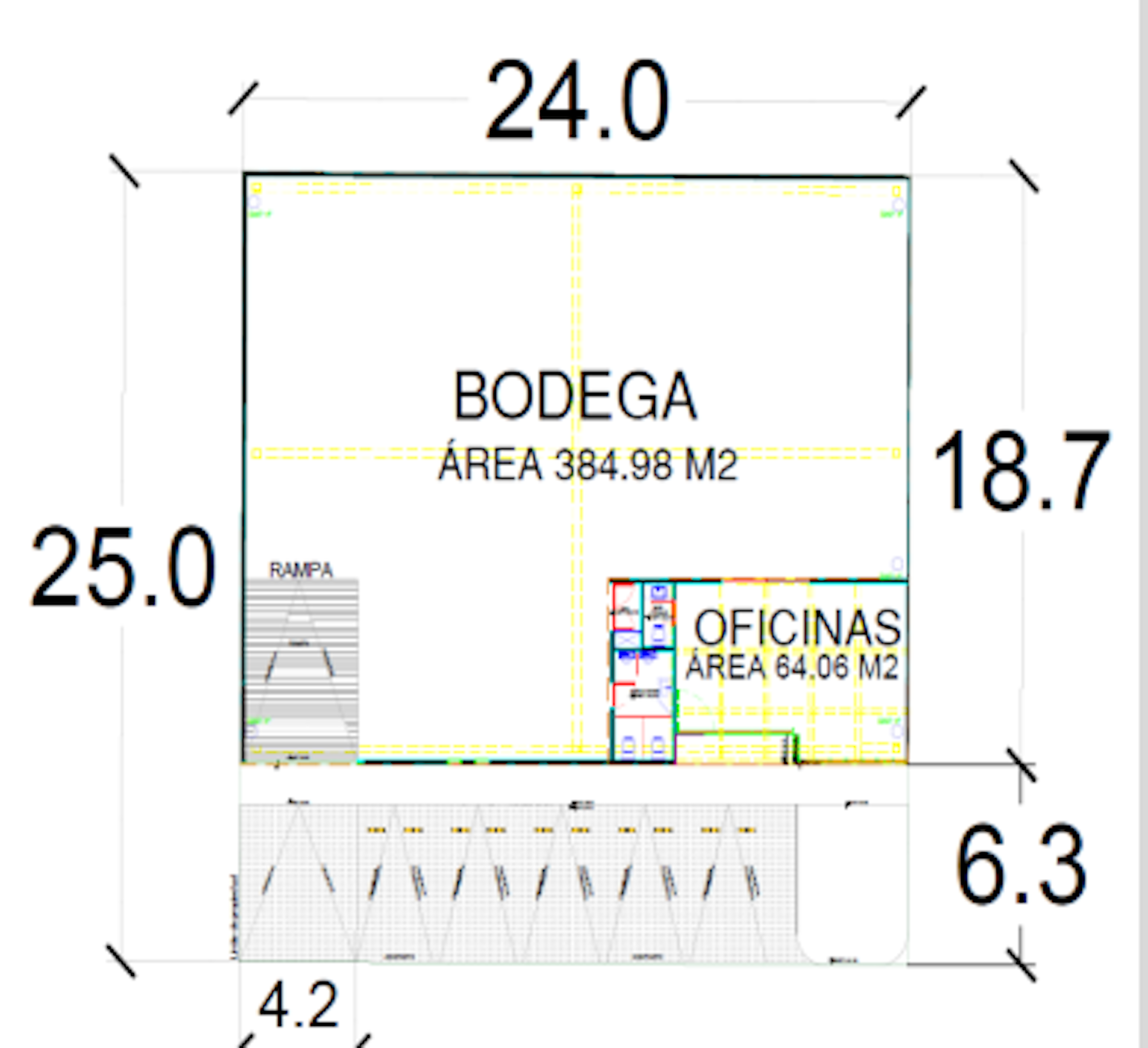 Plano arquitectónico de un inmueble con zonas designadas para bodega y oficinas. Dimensiones y áreas específicas detalladas en metros cuadrados.