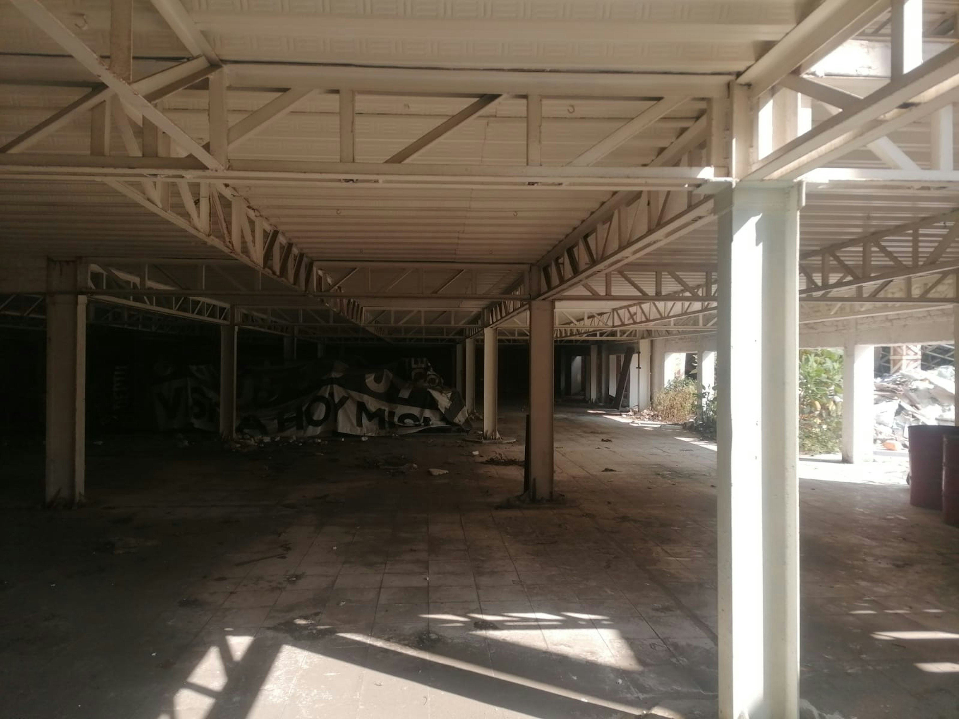 La imagen muestra el interior de un edificio abandonado o en construcción. Se ve una estructura de techo con vigas de metal blancas, columnas de soporte y un suelo de concreto cubierto de escombros. Las paredes están sin terminar y hay graffiti visible. La luz natural entra por aberturas en un lado, creando sombras en el suelo. El espacio parece amplio y diáfano, ideal para una posible remodelación o reconversión en un proyecto inmobiliario.