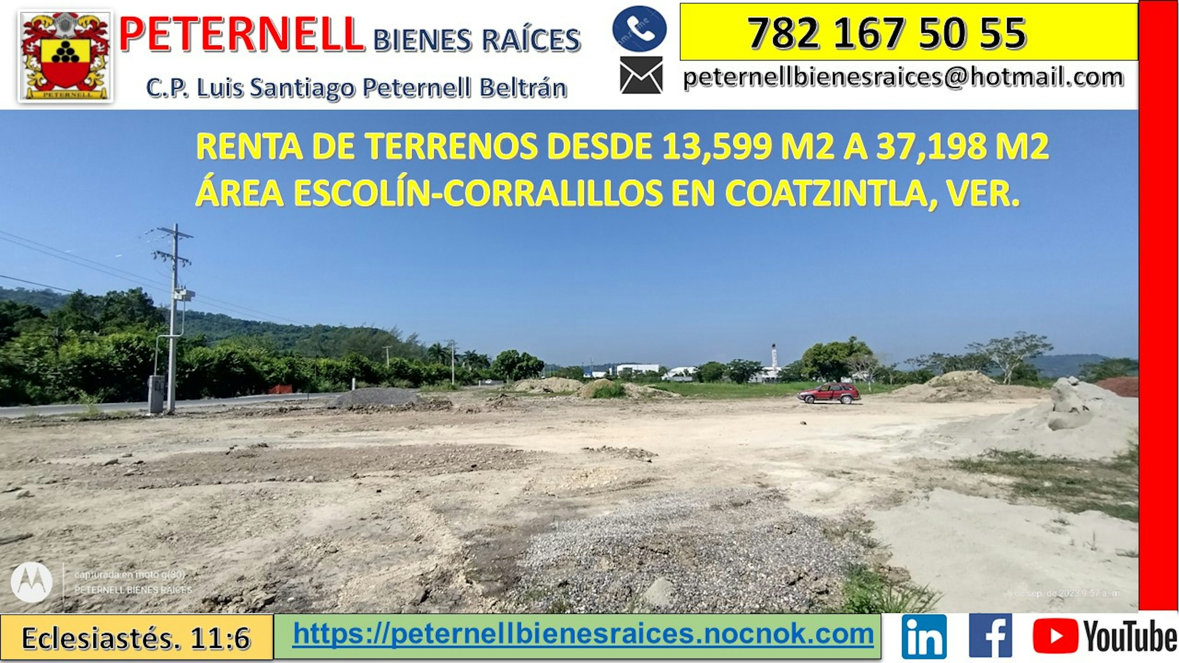 La imagen muestra un terreno en venta en el área de Escolín-Corralillos en Coatzintla, Veracruz. Se observa un paisaje rural con vegetación, montañas al fondo y un terreno despejado en primer plano. La imagen es parte de un anuncio de bienes raíces de Peternell, ofreciendo terrenos desde 13,599 m2 hasta 37,198 m2. Se incluyen detalles de contacto y enlaces a redes sociales.