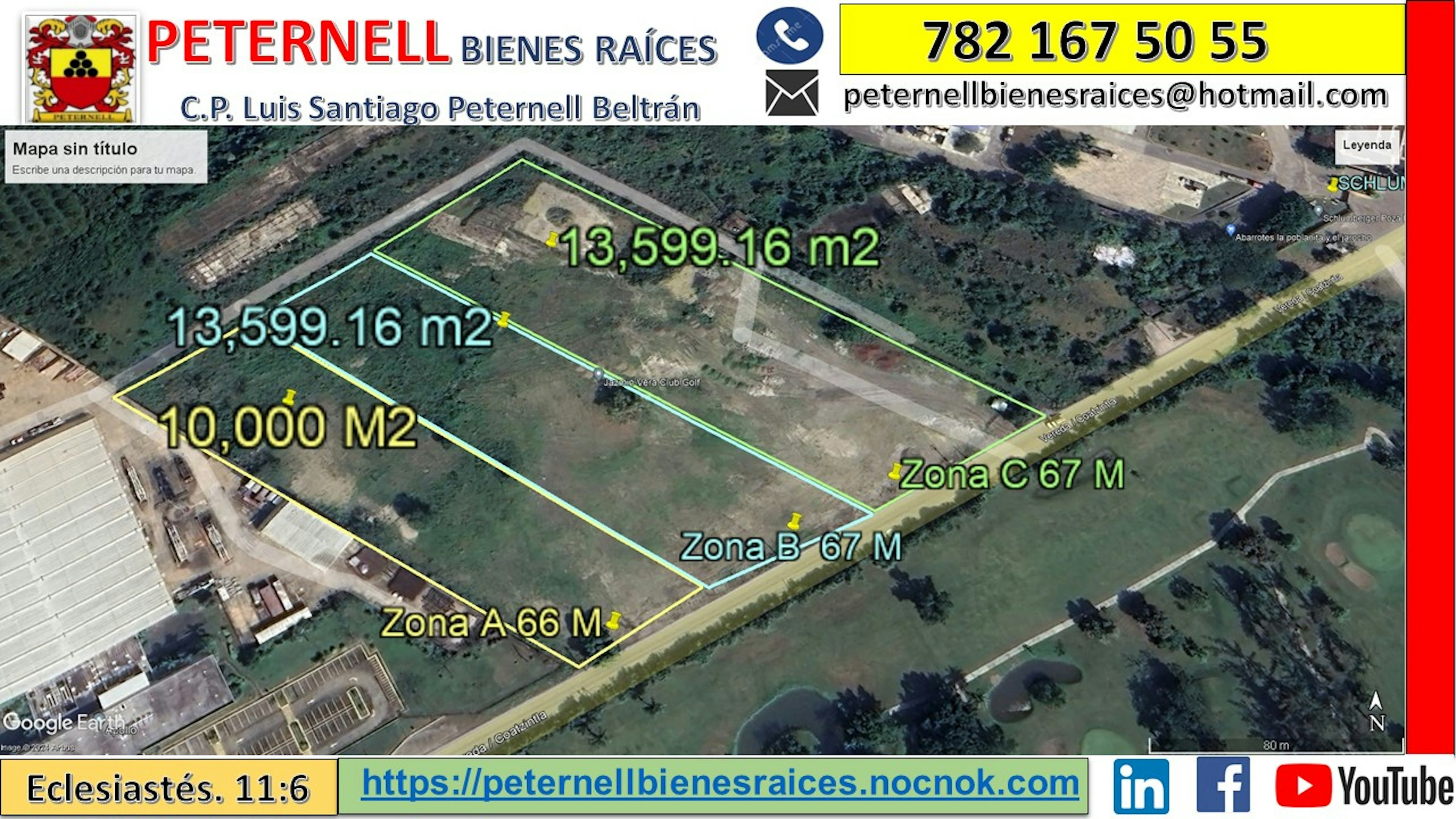 La imagen muestra un anuncio de una inmobiliaria llamada Peternell Bienes Raíces. Presenta un mapa aéreo de un terreno dividido en tres zonas (A, B y C) con sus respectivas medidas. El terreno total tiene 13,599.16 m2, con una parcela de 10,000 m2 destacada. Incluye información de contacto, un versículo bíblico y enlaces a redes sociales. Es una herramienta de marketing para venta de terrenos.