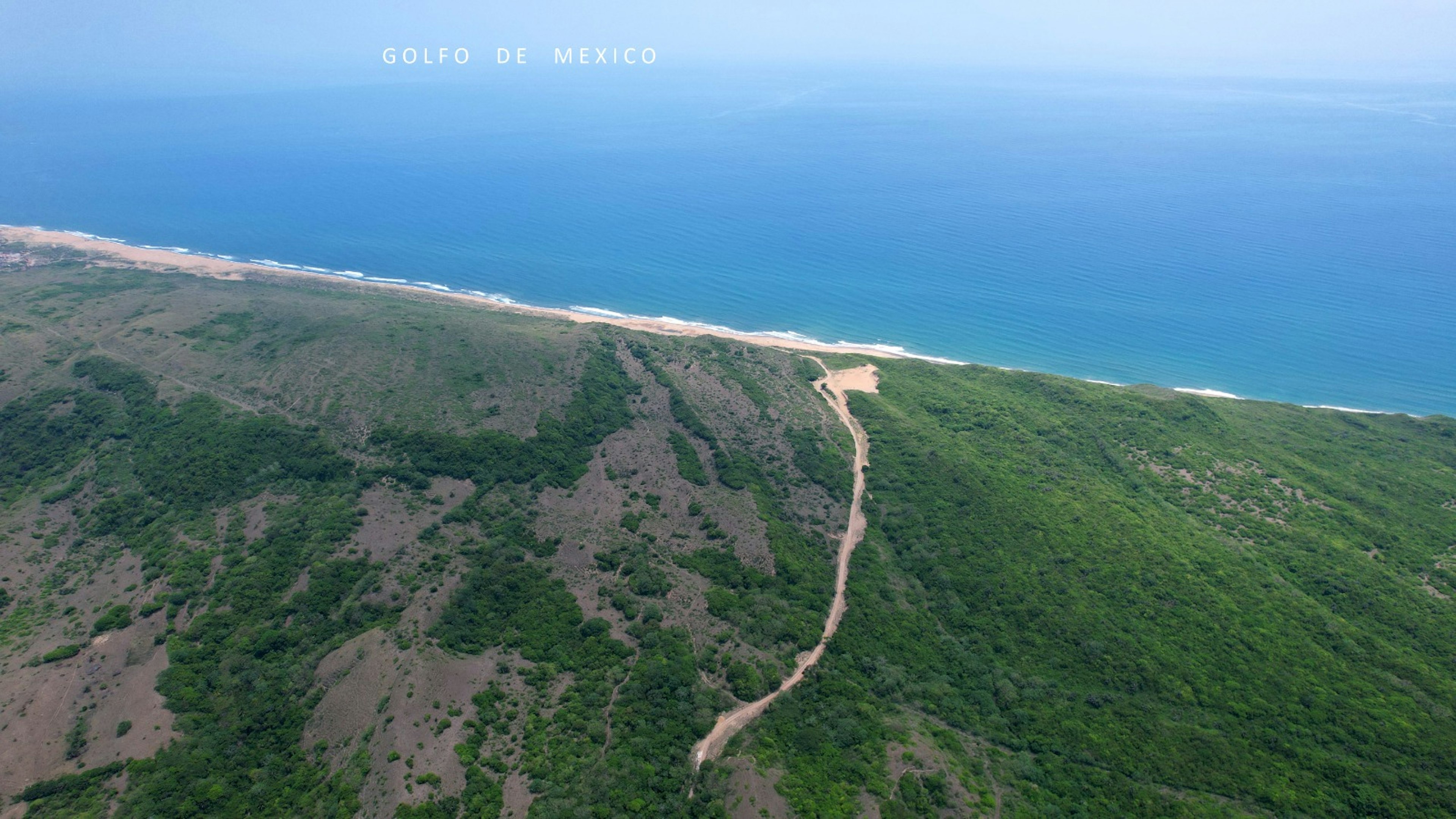 La imagen muestra una vista aérea de la costa del Golfo de México, con un terreno que combina áreas boscosas y zonas más áridas. Se observa una carretera que serpentea hacia la playa, sugiriendo un potencial desarrollo inmobiliario. La proximidad al mar y la belleza natural del paisaje hacen de esta ubicación un atractivo destino para proyectos residenciales o turísticos con vistas panorámicas al océano.