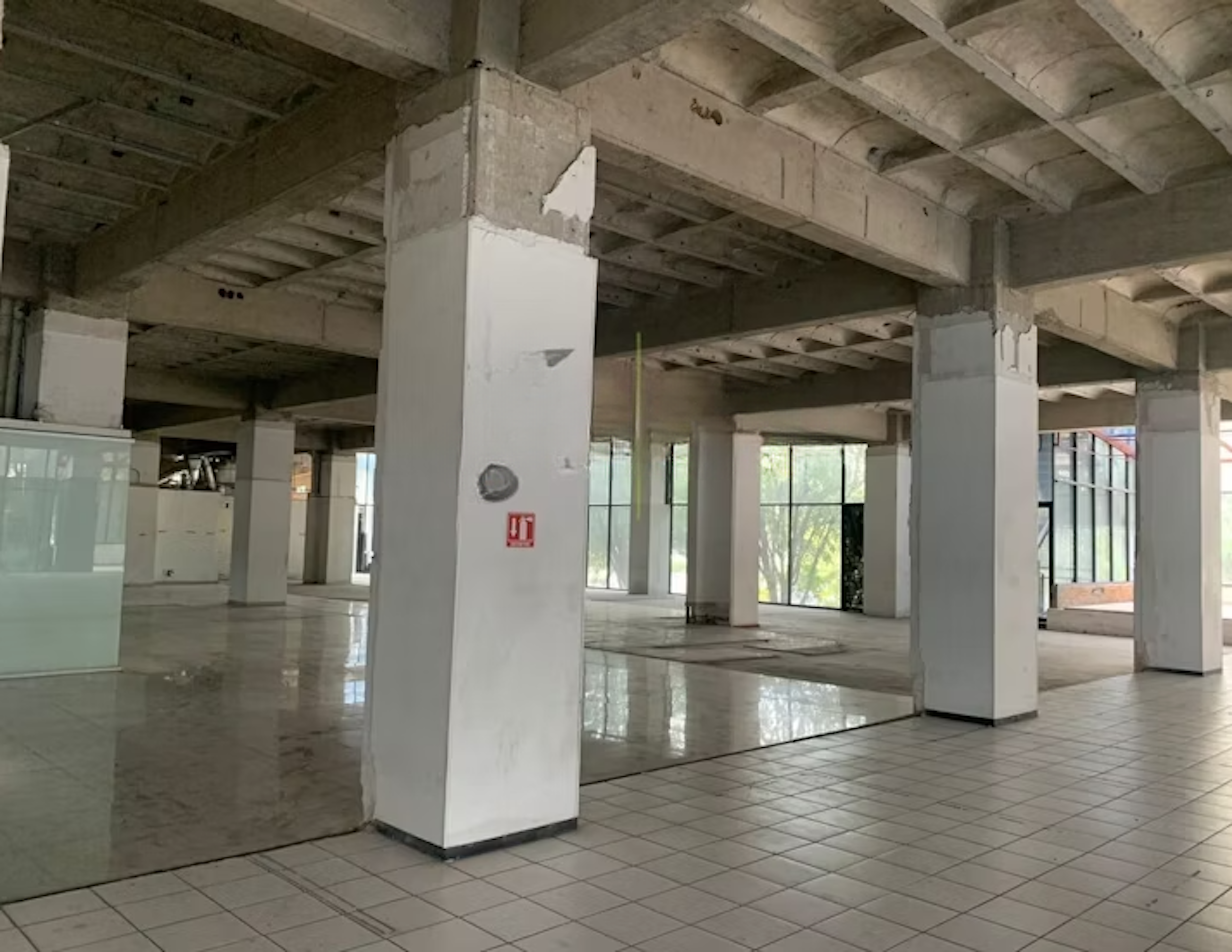 Esta imagen muestra un espacio comercial vacío en proceso de renovación. Se observa un amplio interior con columnas blancas, techos altos con vigas expuestas y pisos de baldosas. Las paredes están parcialmente terminadas y hay ventanas grandes que permiten la entrada de luz natural. El espacio parece estar en una etapa intermedia de construcción o remodelación, listo para ser adaptado a las necesidades de un nuevo inquilino.