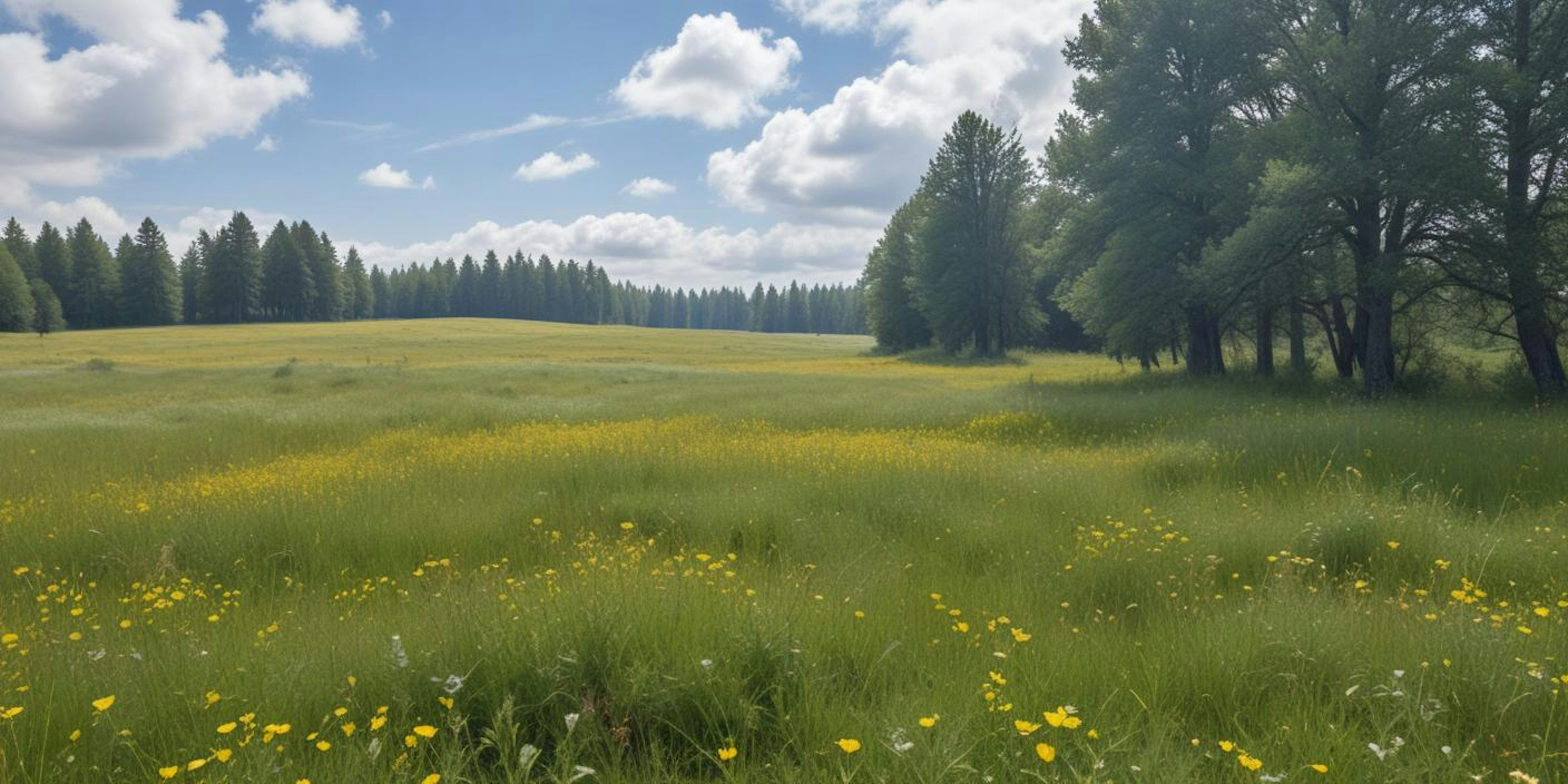 La imagen muestra un hermoso paisaje natural que podría ser atractivo para el desarrollo inmobiliario. Se ve un amplio campo verde con flores silvestres amarillas, rodeado de bosques de pinos. El cielo azul con nubes blancas sugiere un clima agradable. Este entorno sereno y pintoresco sería ideal para propiedades residenciales o de recreo que busquen ofrecer una conexión con la naturaleza.