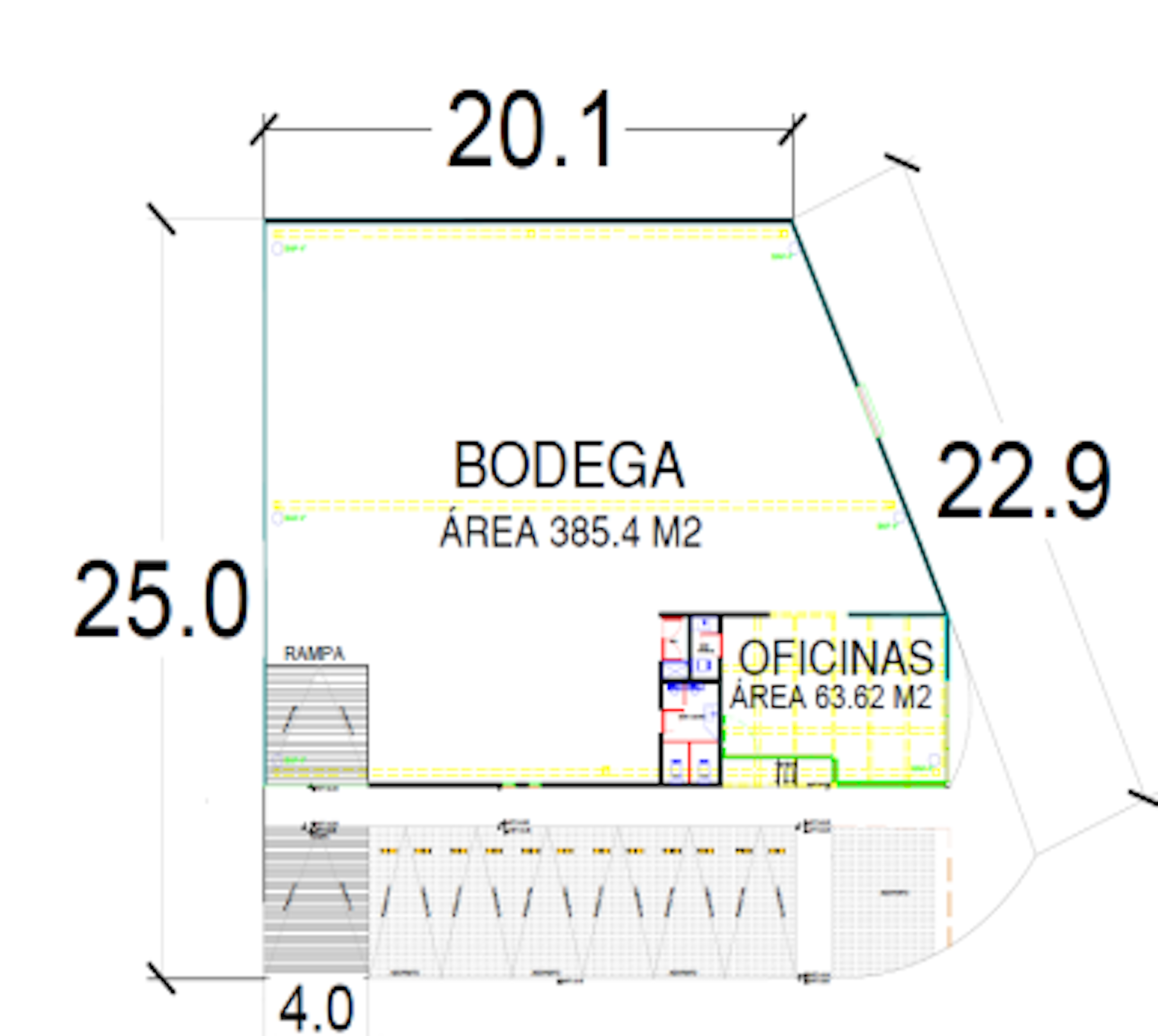 Plano arquitectónico de un inmueble con áreas designadas para bodega y oficinas, incluyendo dimensiones y superficie total en metros cuadrados.