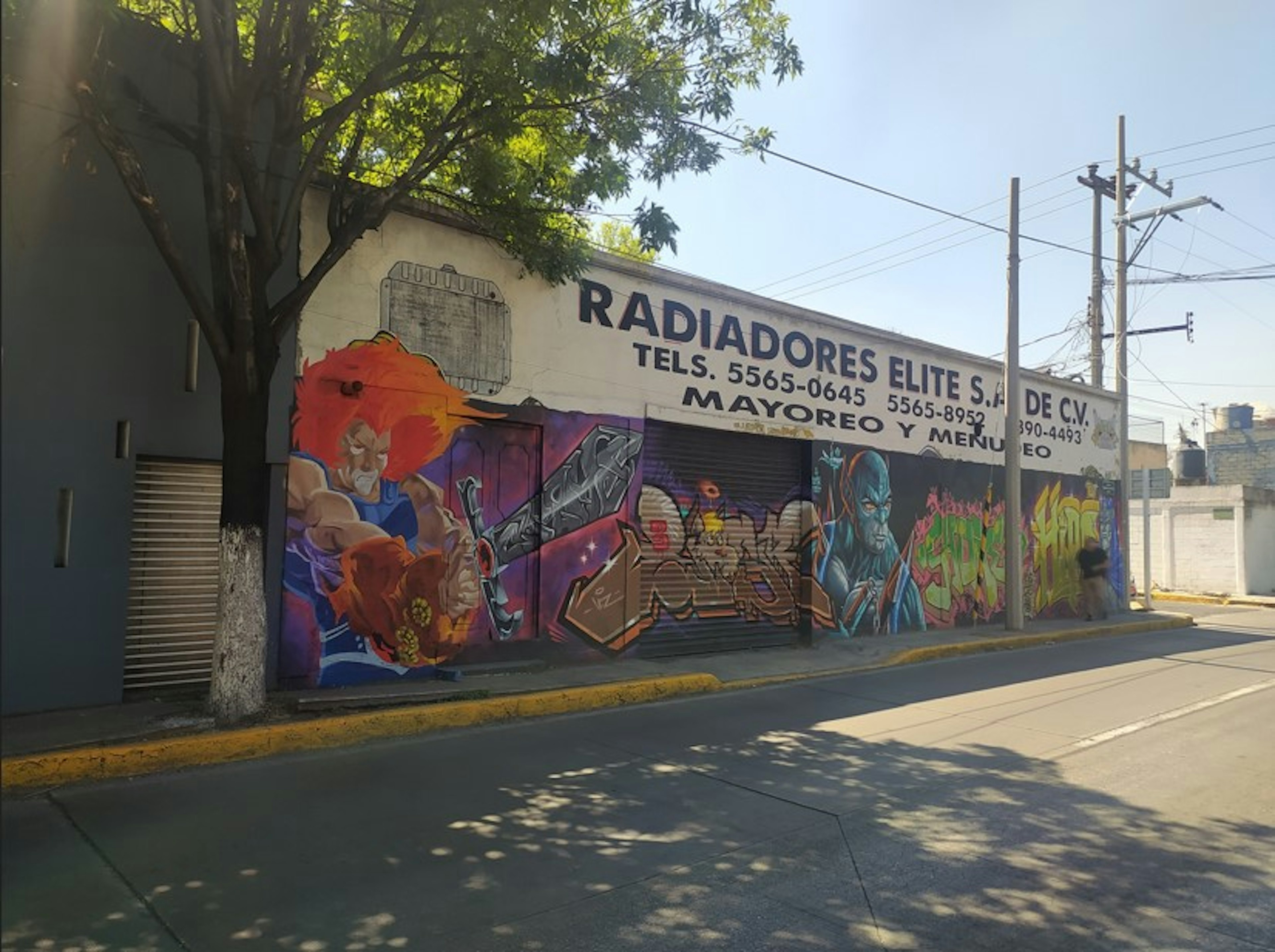 Fachada de un establecimiento con un mural colorido que incluye personajes de cómics y grafiti. El lugar parece ser un negocio relacionado con radiadores, como se indica en el letrero superior.