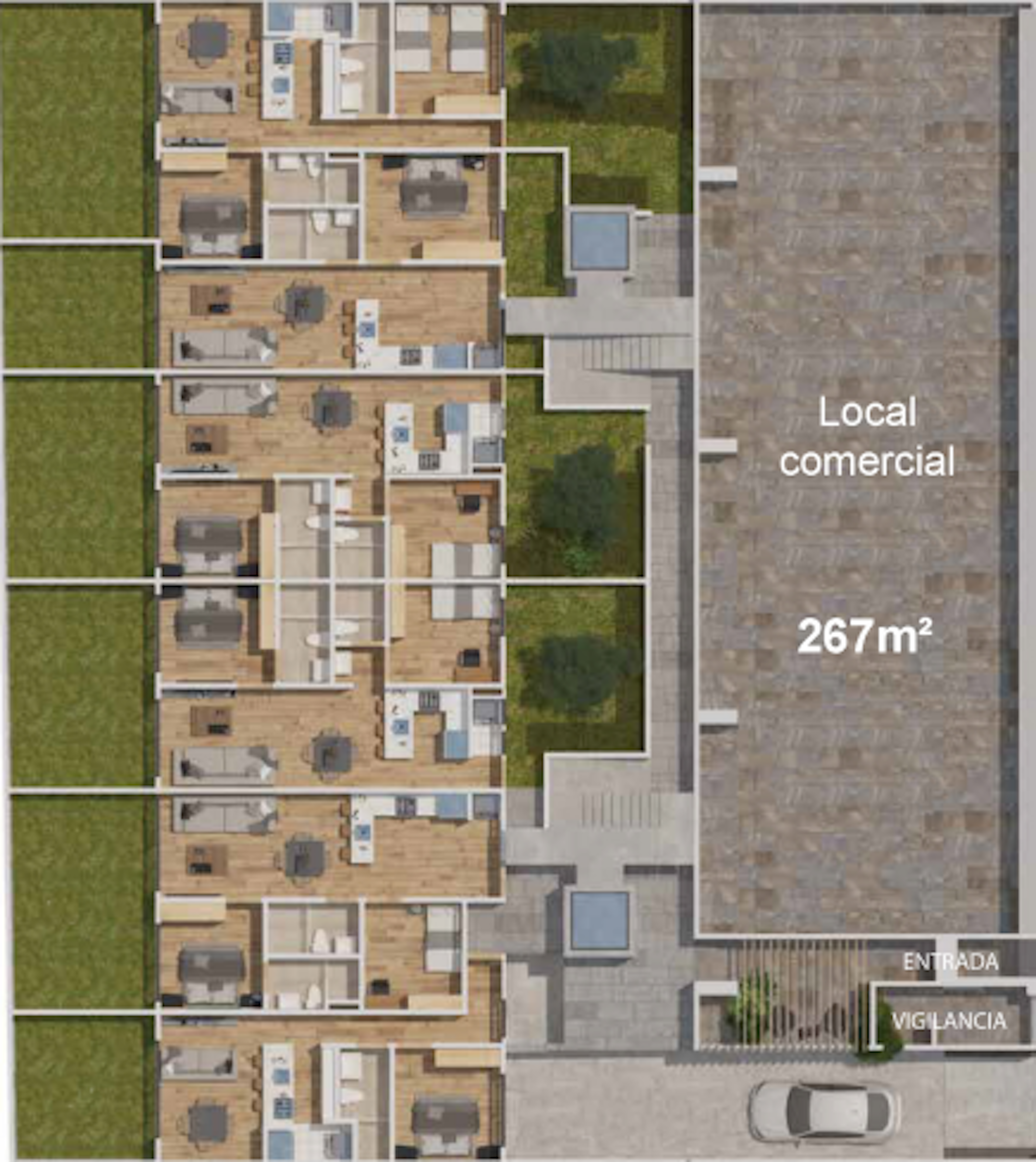 La imagen muestra el plano de un complejo residencial con varios apartamentos y un local comercial. Incluye áreas verdes, estacionamiento y una zona de vigilancia. Los apartamentos tienen distribuciones variadas con dormitorios, baños, cocinas y salas. El local comercial tiene 267m². El diseño es moderno y eficiente, con espacios bien organizados para una comunidad residencial.