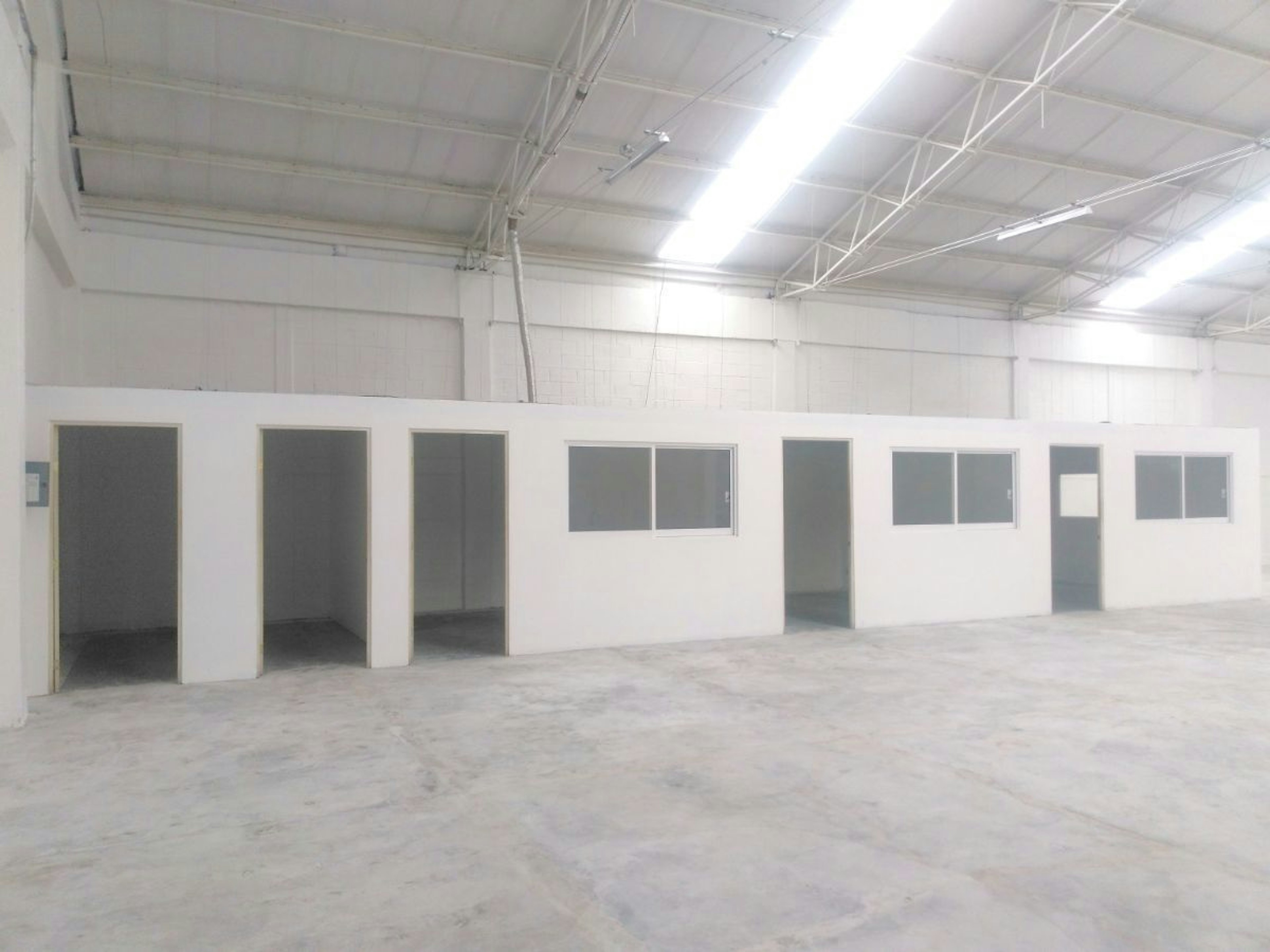 La imagen muestra un espacio industrial amplio y luminoso con techo alto y estructura visible. Las paredes son blancas y hay una serie de puertas y ventanas a lo largo de una pared divisoria. El piso es de concreto pulido. Este espacio parece estar en proceso de construcción o remodelación, ideal para oficinas, almacén o taller. La iluminación fluorescente proporciona una buena visibilidad en todo el área.