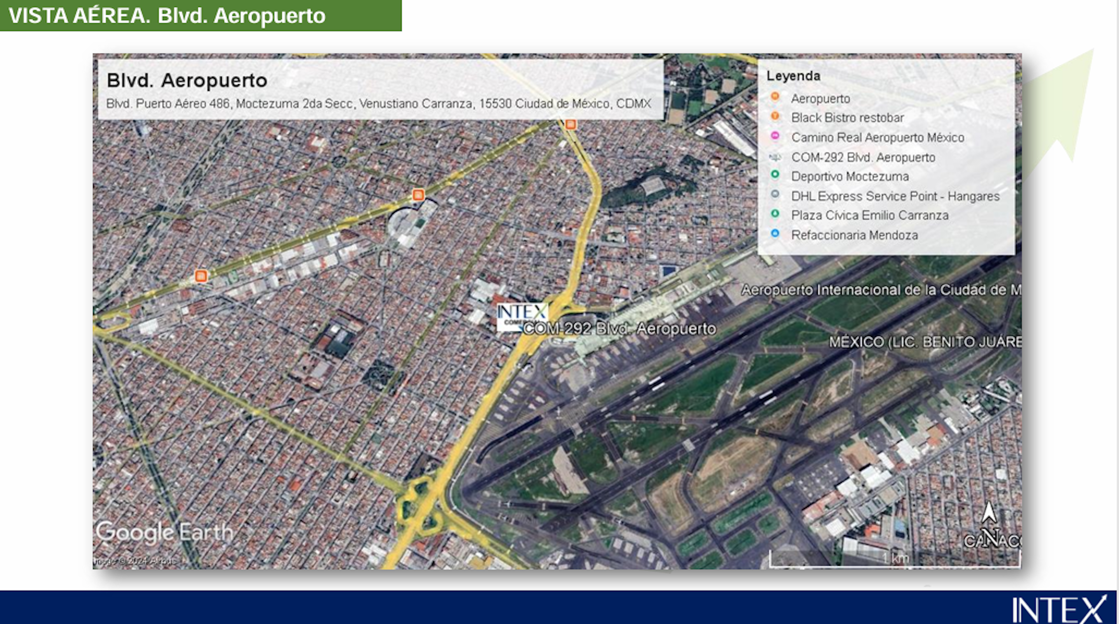 La imagen muestra una vista aérea de la zona del Aeropuerto Internacional de la Ciudad de México y sus alrededores. Se observa una densa área urbana con numerosas edificaciones, calles y avenidas. El aeropuerto se distingue claramente con sus pistas y terminales. La imagen incluye puntos de interés marcados como restaurantes, servicios y zonas deportivas. Esta área representa un importante sector inmobiliario con potencial para desarrollo comercial y residencial.