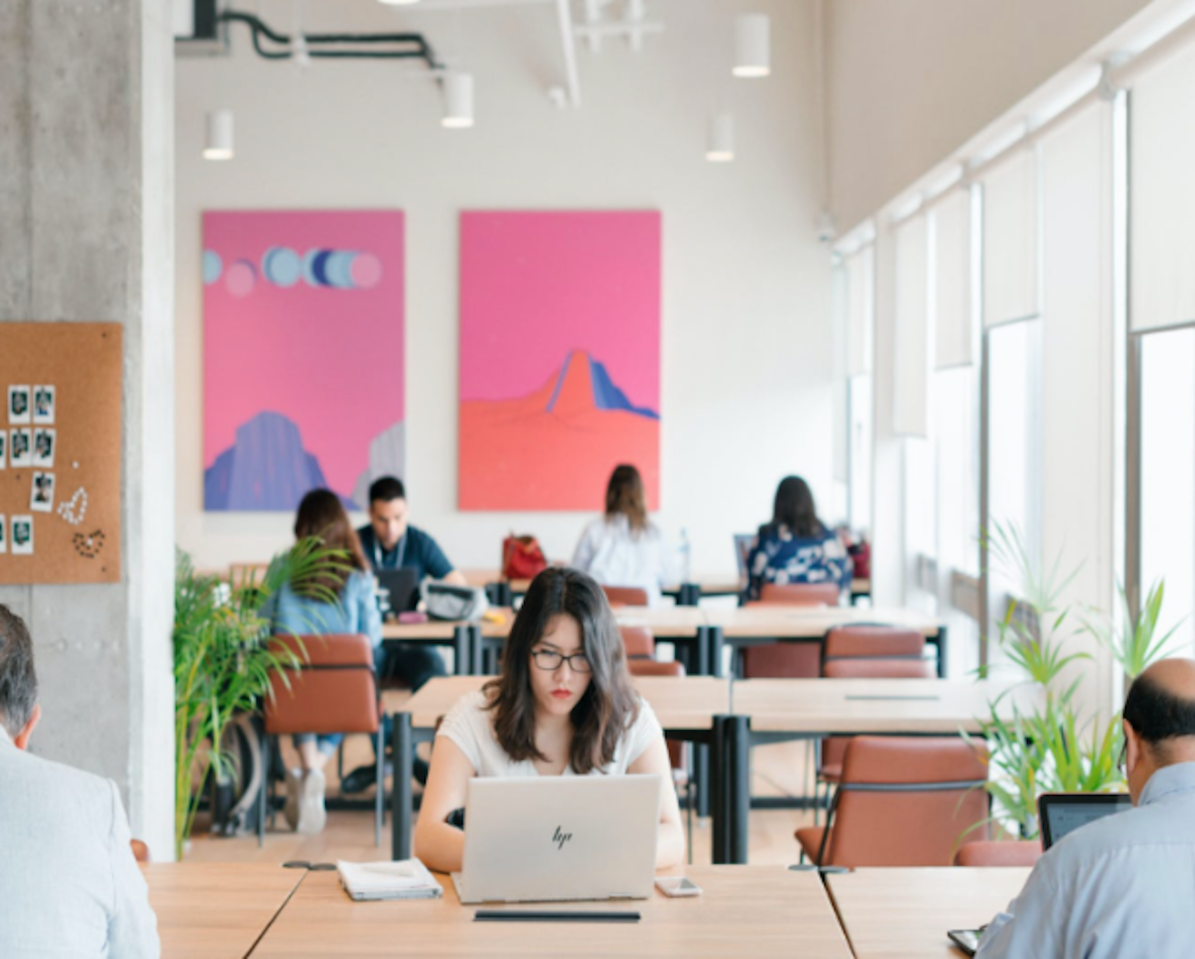 La imagen muestra un espacio de coworking moderno y luminoso. Hay varias personas trabajando en mesas con laptops. Las paredes están decoradas con arte colorido, principalmente cuadros rosados con diseños geométricos. El ambiente parece dinámico y colaborativo, con plantas que añaden un toque de naturaleza. Este tipo de espacio es cada vez más común en el sector inmobiliario comercial, adaptándose a las nuevas formas de trabajo.