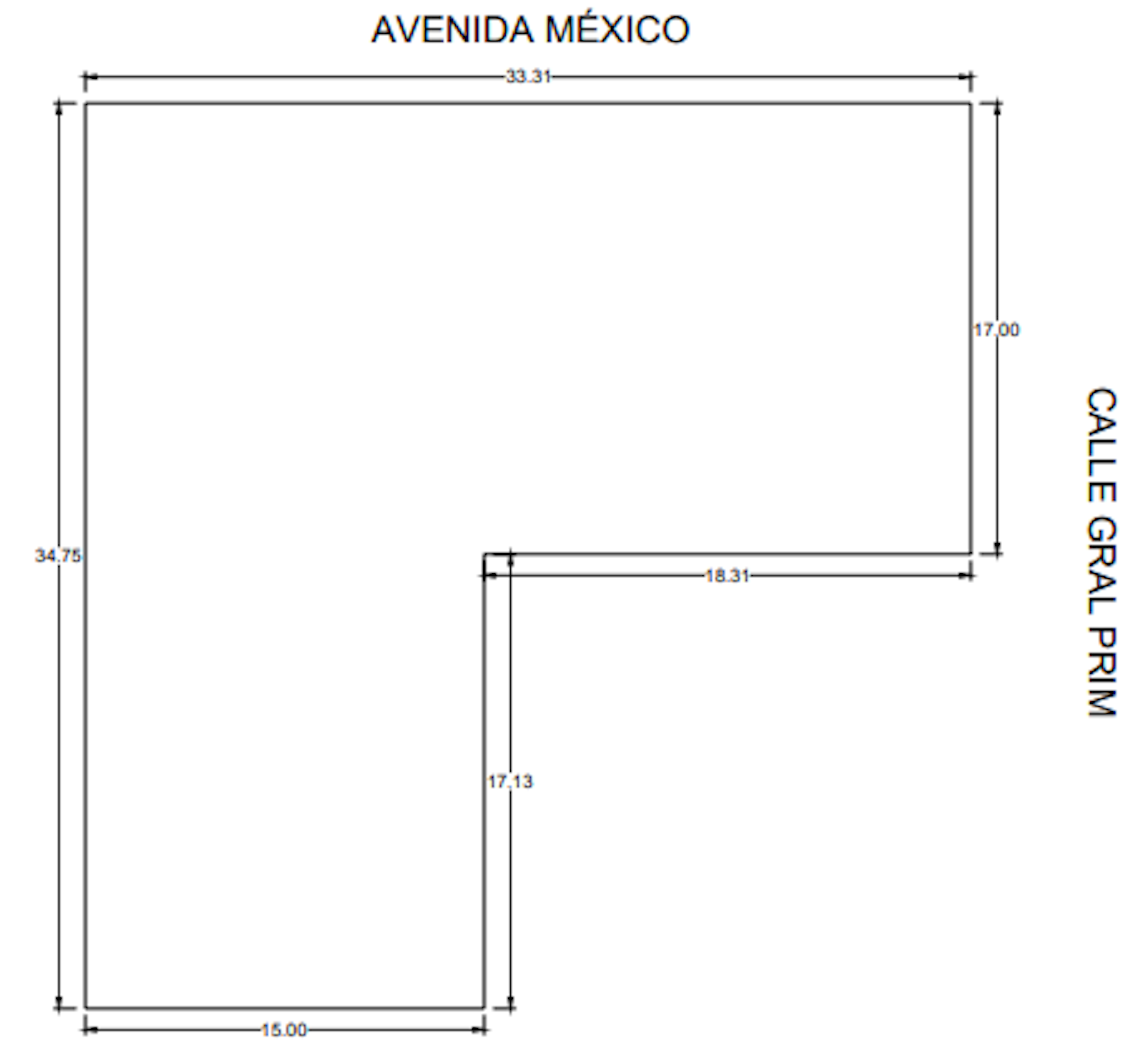 La imagen muestra un plano arquitectónico de una propiedad ubicada en Avenida México. El diseño tiene forma de L, con dimensiones detalladas en metros. La parte principal mide 33.31m x 17.00m, y hay una extensión de 18.31m x 17.13m. El plano también indica la ubicación de Calle Gral Prim. Este tipo de plano es común en el sector inmobiliario para mostrar las dimensiones y disposición de una propiedad.