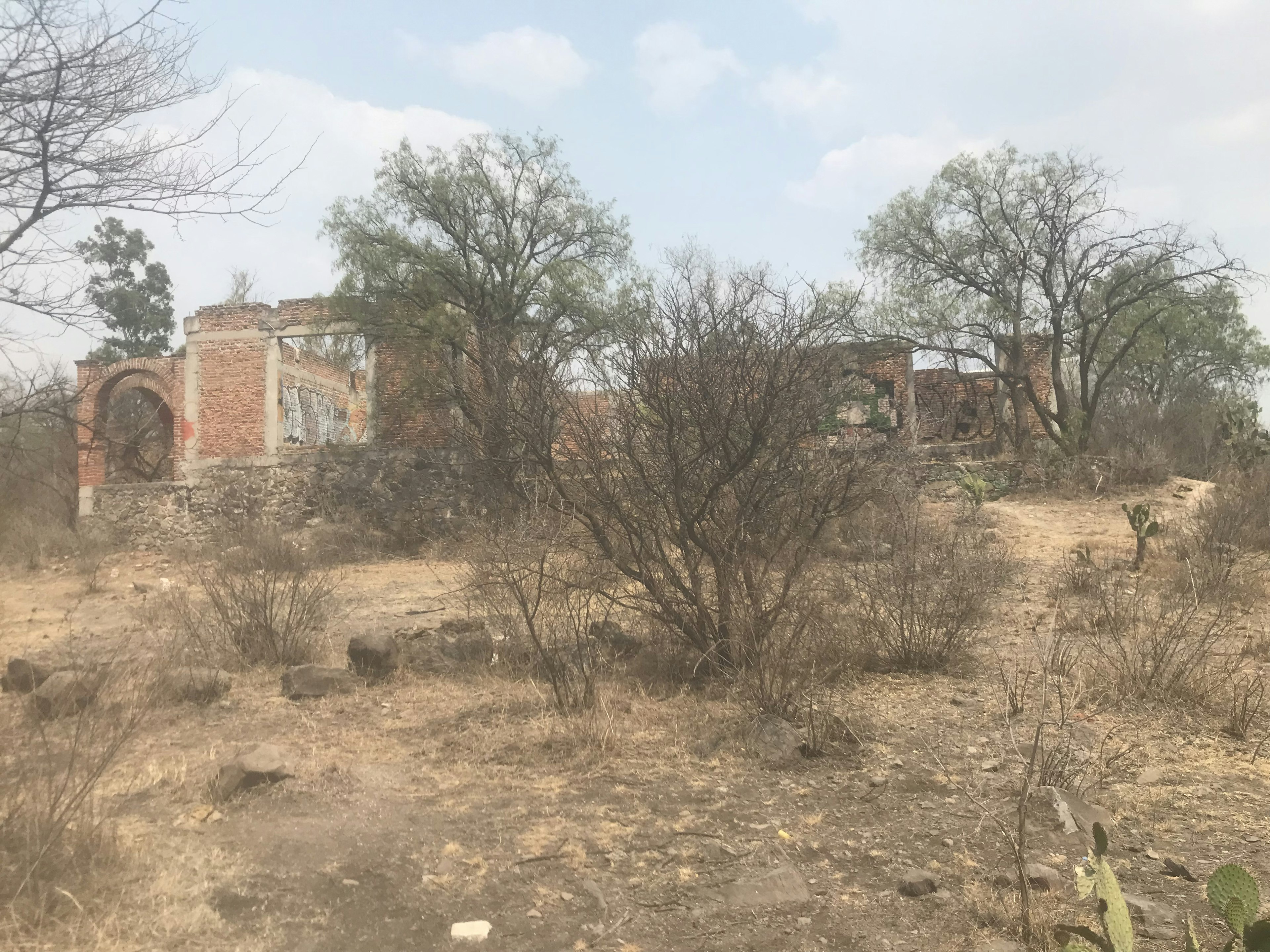 La imagen muestra las ruinas de una antigua estructura de ladrillo en un terreno árido y descuidado. Los muros parcialmente derrumbados y los arcos sugieren que alguna vez fue una construcción imponente. El entorno es seco, con vegetación escasa y árboles desnudos. Este tipo de propiedad podría ser interesante para un proyecto de restauración o como sitio histórico, aunque requeriría una inversión significativa para su rehabilitación.