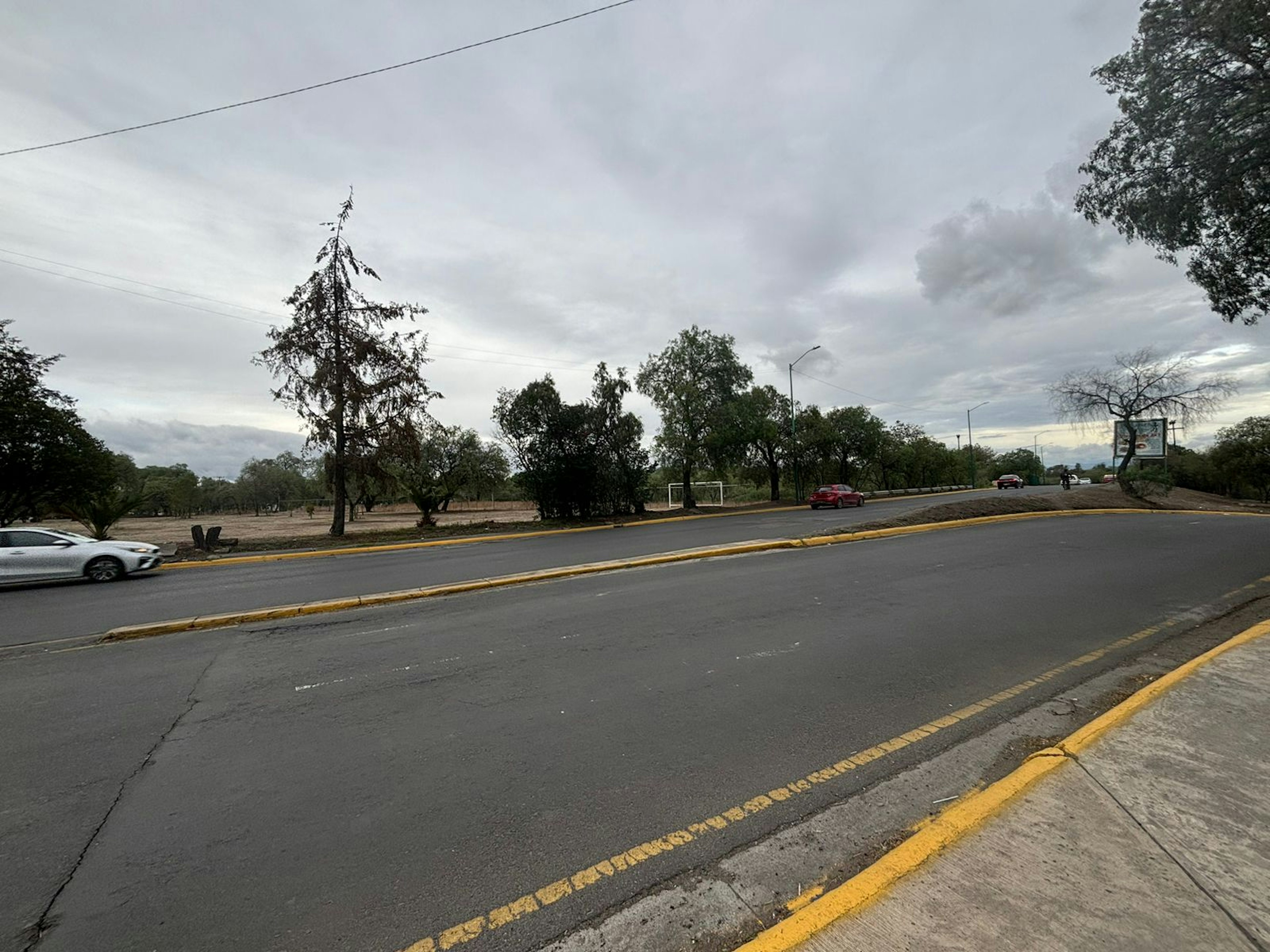 La imagen muestra una calle asfaltada con señalización horizontal amarilla, bordeada por áreas verdes y árboles. El cielo está nublado, lo que sugiere un clima fresco o posibilidad de lluvia. Esta área podría ser atractiva para desarrollos inmobiliarios residenciales o comerciales debido a su accesibilidad y entorno natural.