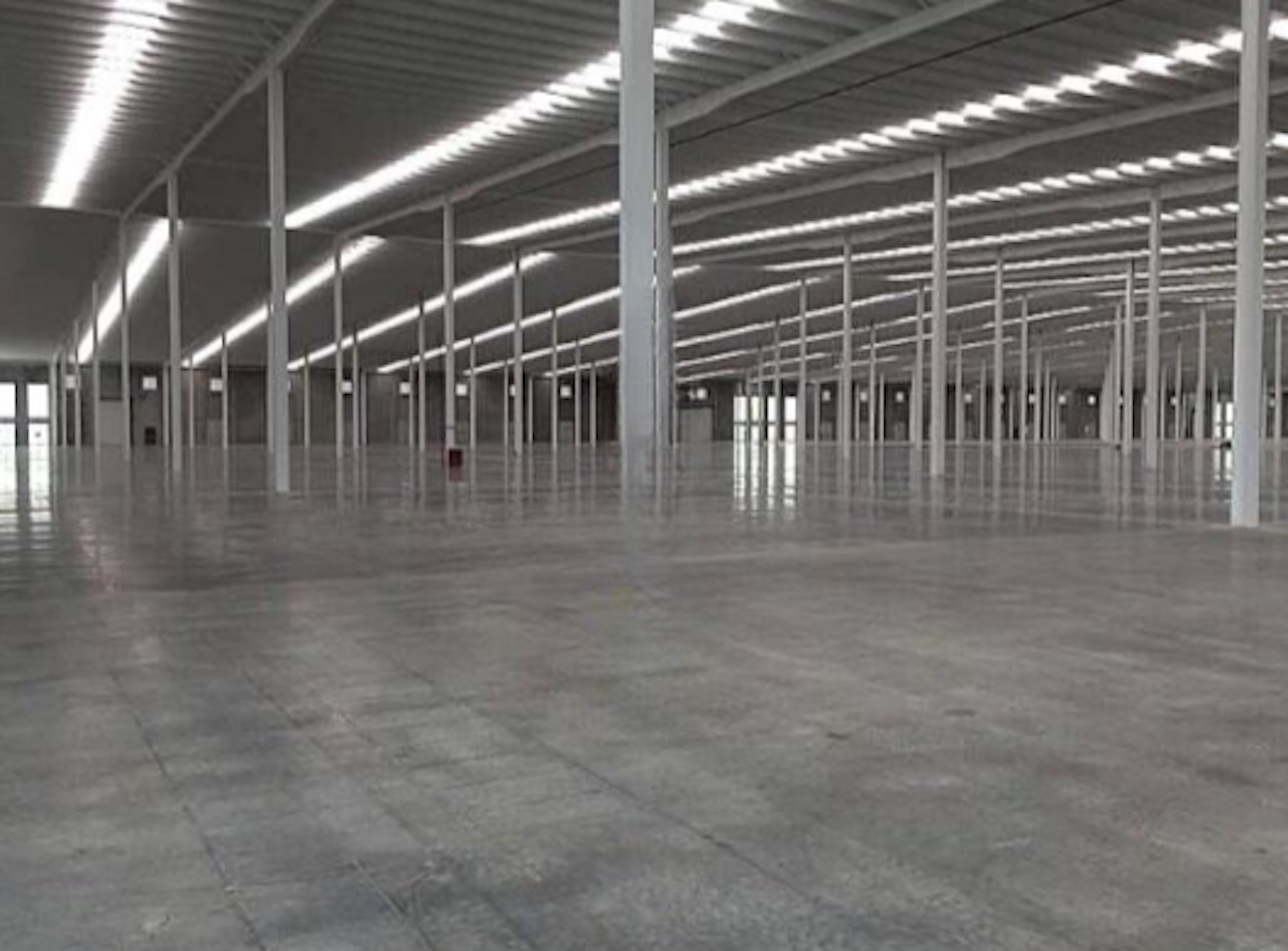 La imagen muestra un amplio espacio industrial vacío con un techo alto sostenido por columnas metálicas. El piso es de concreto pulido y refleja la luz de los fluorescentes del techo. Las paredes laterales tienen algunas puertas y ventanas. Este espacio parece ser un almacén o nave industrial recién construida o renovada, lista para ser utilizada en operaciones logísticas o de manufactura.