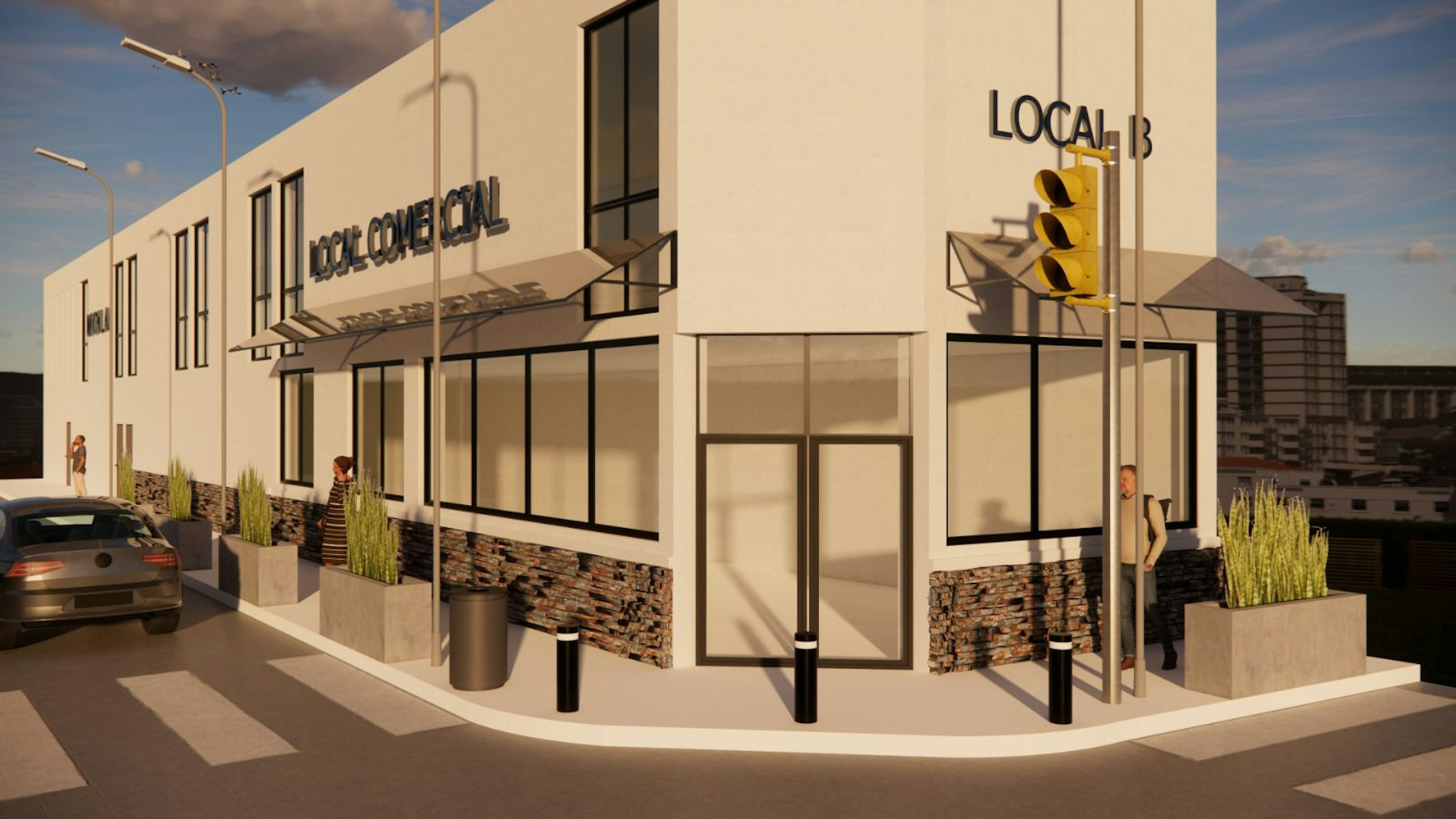 Render de un local comercial moderno con amplios ventanales y acabados en piedra. Se observa un semáforo y personas, indicando una ubicación urbana.