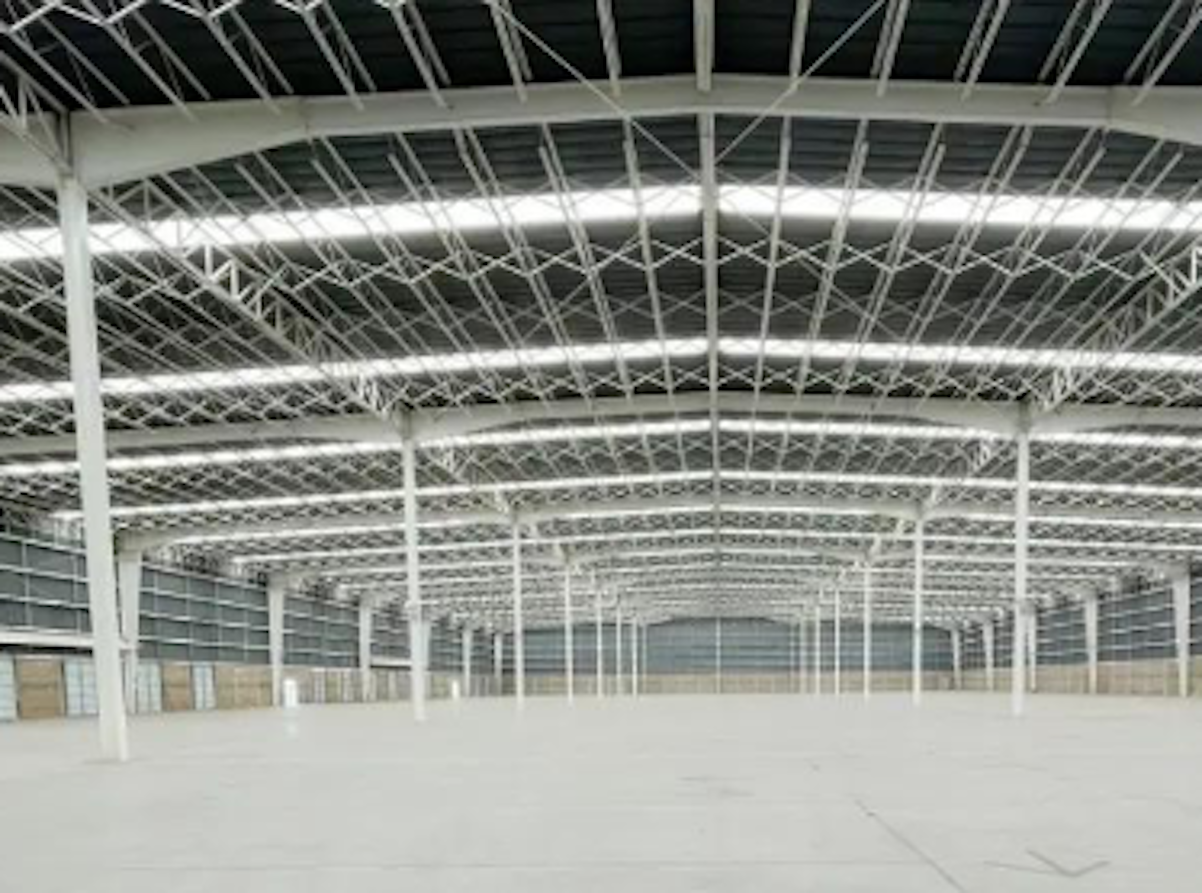 La imagen muestra un amplio espacio interior industrial, probablemente una bodega o centro de distribución. El techo es una estructura metálica intrincada con vigas y soportes entrecruzados. Hay múltiples hileras de luces fluorescentes que iluminan el vasto espacio. El piso es de concreto liso y las paredes laterales son visibles en la distancia. Este tipo de edificio es ideal para almacenamiento, logística o manufactura a gran escala.