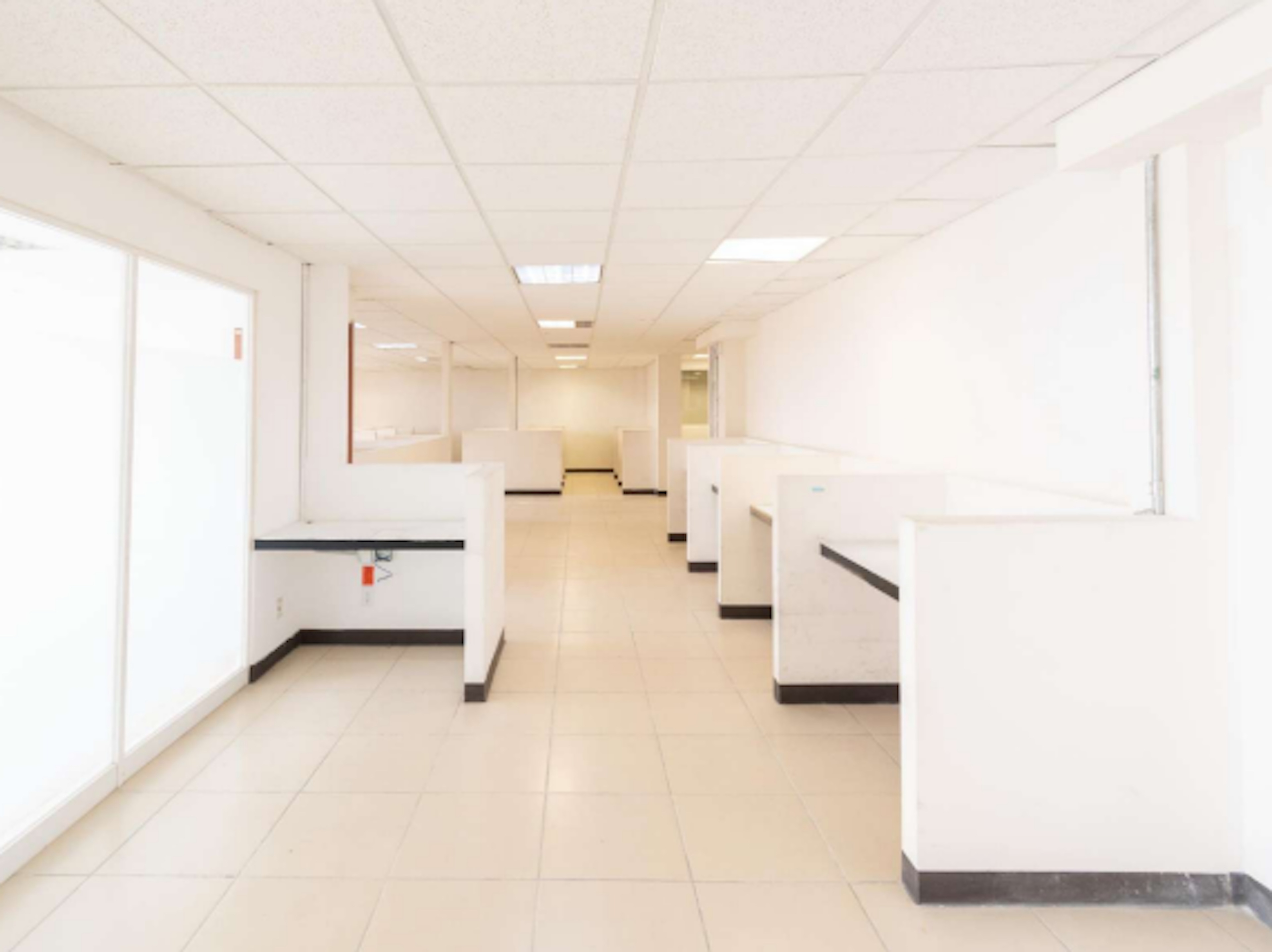 La imagen muestra un interior de oficina moderno y minimalista. El espacio es amplio, con paredes blancas y un techo de paneles blancos. El suelo es de baldosas claras. Se observan varios cubículos o áreas de trabajo separadas por divisiones bajas de color blanco. La iluminación es brillante, proporcionada por luces fluorescentes en el techo. El espacio parece estar vacío y listo para ser ocupado, ofreciendo un ambiente limpio y profesional.