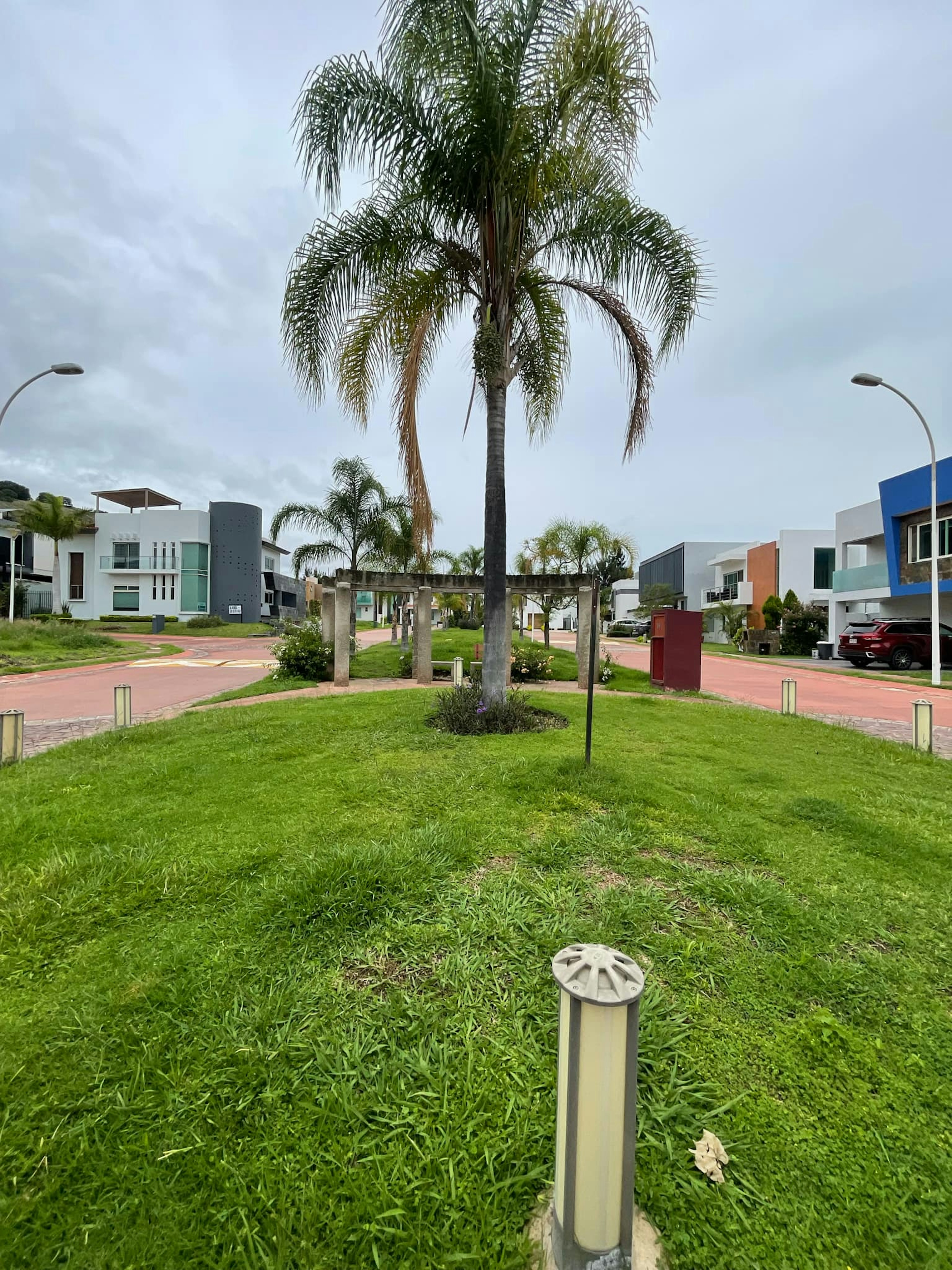 La imagen muestra un moderno complejo residencial con casas de diseño contemporáneo y colorido. Un camino pavimentado divide un área verde central, dominada por una gran palmera. El paisajismo incluye césped bien cuidado y pequeñas palmeras. La arquitectura de las casas es variada, con fachadas blancas, azules y terracota. El cielo está nublado, dando un ambiente tranquilo a este aparentemente exclusivo vecindario.